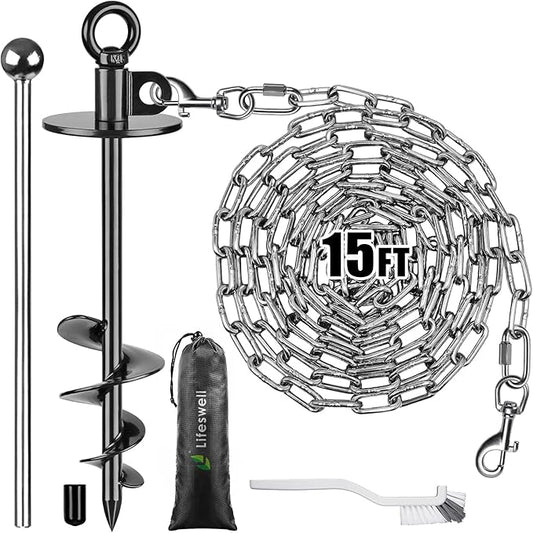 Dog Tie Out Chains and Stake, 15ft Chew Proof Stainless Steel Dog Chains for Outside, 15" Heavy Duty Dog Anchor for Dogs Up to 125lbs, Fully Welded, No Tangle, Ideal for Yard and Camping
