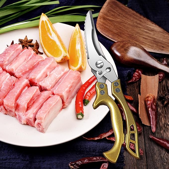 ANDONG Heavy Duty Kitchen Poultry Shears with Serrated Edge, Spring Loaded Kitchen Scissors, Professional Chicken Shears, Gold