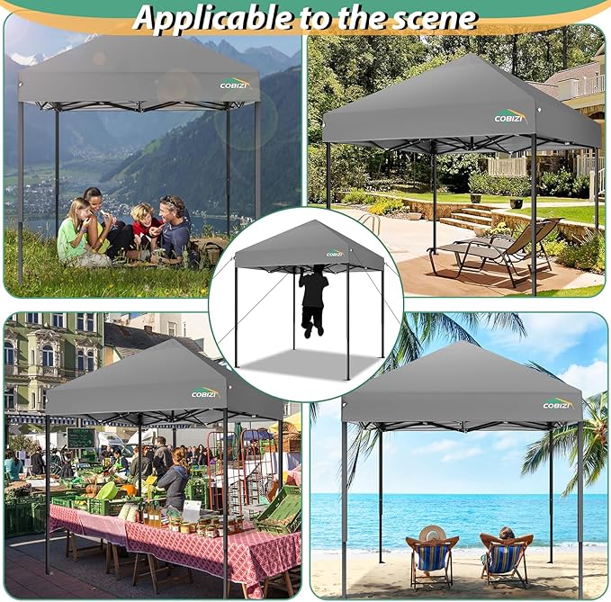 COBIZI 6.6x6.6ft Pop Up Canopy, Heavy Duty Tent Canopy Easy Set up All Weather Waterproof Outdoor Canopy Tent for Parties, Beach, Garden, Camping with 1 Handbag, 3 Adjustable Heights, UPF50+, Grey