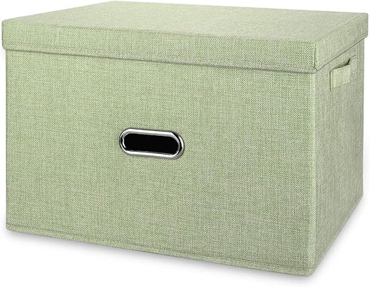 Large Linen Collapsible Storage Bins with Removable Lids and Handles, Washable Storage Box Containers Baskets Cube with Cover for Bedroom,Closet,Office,Living Room,Nursery (Green, Large)