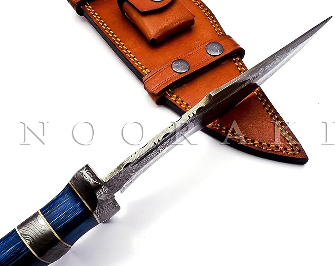 NOORAKI - 15″ Damascus Bowie Knife with Sheath | Hand Made Hunting Knife - Fixed Blade Long Bowie Knives - Ideal for Survival ,Chopping, Camping, Outdoor Gift for Men |Tactical Knife Wood Handle (Blue)