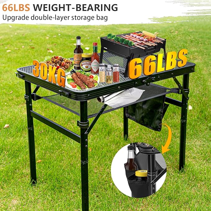 Portable Folding Grill Table, Lightweight Height Adjustable,Camping Picnic Table with Mesh Desktop and Mesh Bag for Outdoor for Picnic,Camping,BBQ,Beach (2 * 1.3FT)