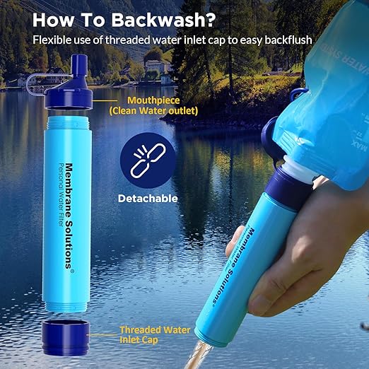 Membrane Solutions Squeezable Water Filtration System, Survival Water Purifier Kit, Portable Backpacking Gear Including Water Filter Straw and 23oz Collapsible Bottle for Hiking Camping Travel(1+4)