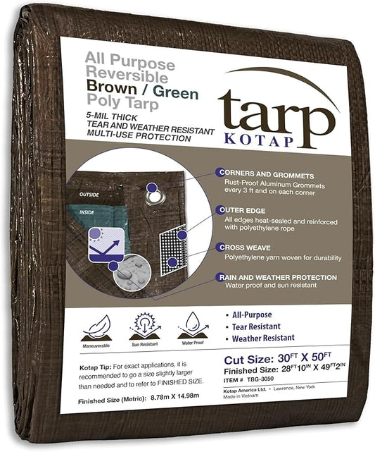 Kotap 30 x 50 Ft. All-Purpose Multi-Use Protection/Coverage 5-mil Poly Tarp, Reversible, Waterproof, Brown/Green, (TBG-3050)