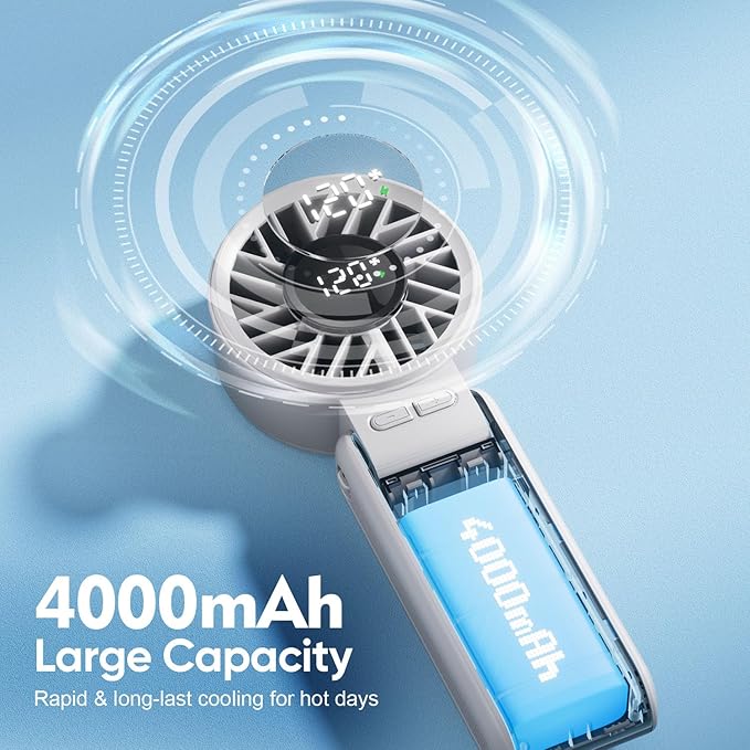 Portable Handheld Fan , 4000mAh Rechargeable Personal mini Fan, 3 IN 1 Foldable Mini Desk Fan with 6 Wind Speed, LCD Digital Display, Lanyard as Neck Fan, Ultra Quiet, Pocket Size for Women(Gray)