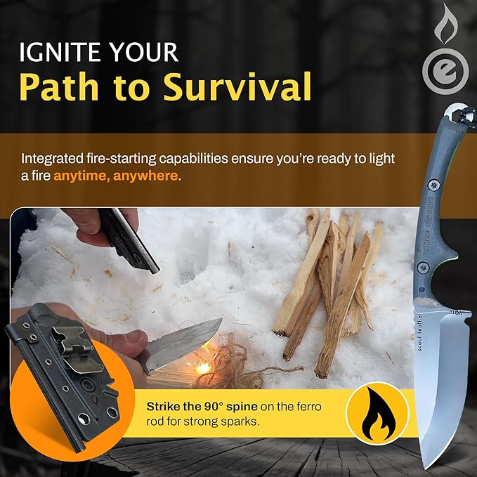 Scout Feather Glow - Fixed Blade Survival Knife with built-in Firestarter for Camping, Hunting, Outdoor Adventure and Culinary Need - VG10 Blade, Whistle, Knife Sharpener, Compact Sheath & G10 Handle