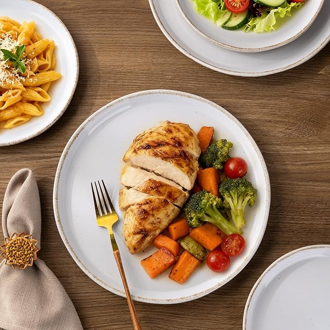 AmorArc 18 Pieces Ceramic Dinnerware Sets for 6, Handpainted Stoneware Plates and Bowls Set with Rustic Terracotta Underside, Scratch Resistant Dishes Set, Dishwasher & Microwave Safe, White