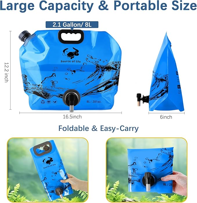 Camping Water Jug 2.1 Gallon CollapsibleWater Container Portable Water Bag for TravelOutdoor Hiking BPA Free Lightweight (Blue (2.1 Gal), 2)