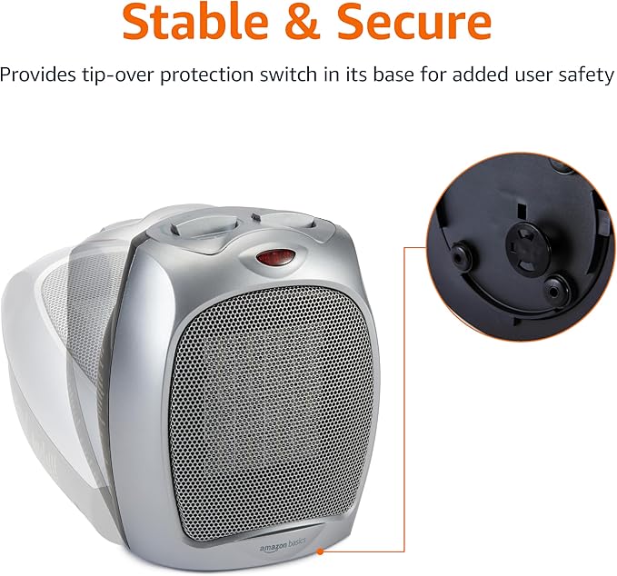 Amazon Basics Ceramic Space Heater, Portable Indoor Heating Solution, With Overheat and Tip-Over Protection, Thermostat, Non-Oscillating, 1500W, 7.52"D x 6.34"W x 9.45"H, Silver
