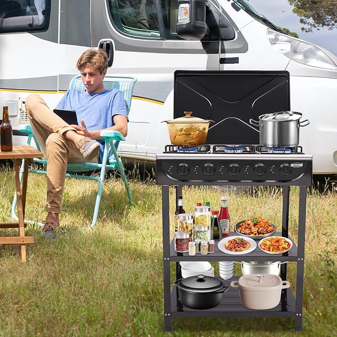 Natural Gas 5-Burner Outdoor Stove, Portable with Windshield, 2 Placement Boards, Ideal for Camping, Fishing, RV Travel