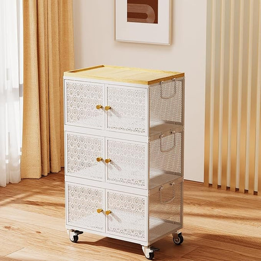 3 Tier Metal Storage Bins and Boxes Organizer, Magnetic Doors & 360°Swivel Lockable Wheels, Easy,labor-Saving, Ocean Life Cutout Pattern, Eco-Aesthetic for Living Room,Bedroom,bathroom,kitchen