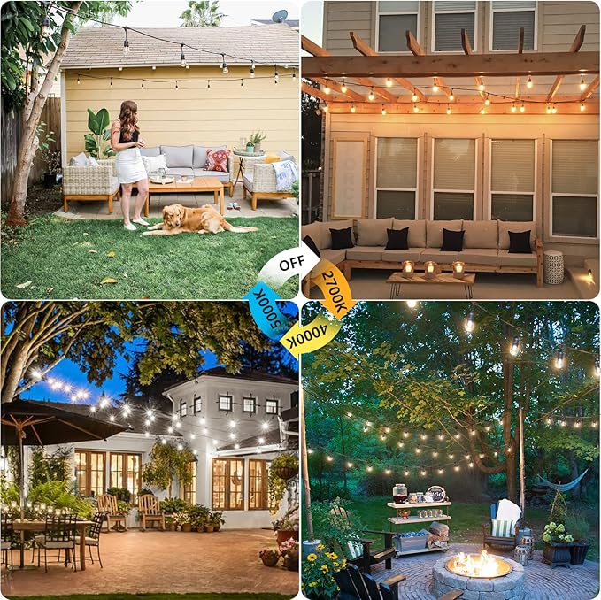 Mlambert 96Ft(2x48ft) 3-Color in 1 48Ft LED Dimmable Outdoor String Lights with Remote, Plug-in 2700K/4000K/5000K Waterproof Lights for Patio Cafe