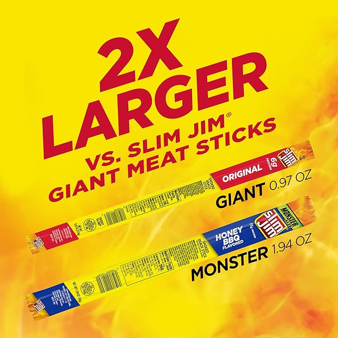 Slim Jim Monster Smoked Meat Sticks, Honey BBQ Flavor, High Protein, 1.94 oz. (18 Count)