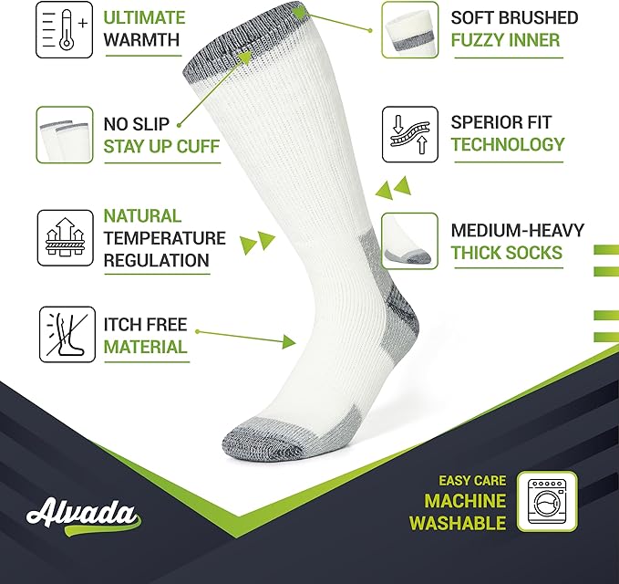 Alvada Merino Wool Hiking Socks Thermal Warm Crew Winter Boot Sock For Men & Women 3 Pairs