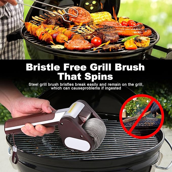 Electric Grill Cleaner Bristle Free – Cordless, Rechargeable BBQ Grill Brush with 350 RPM Stainless Roller, LED Light, Dishwasher-Safe for Gas/Charcoal Grills
