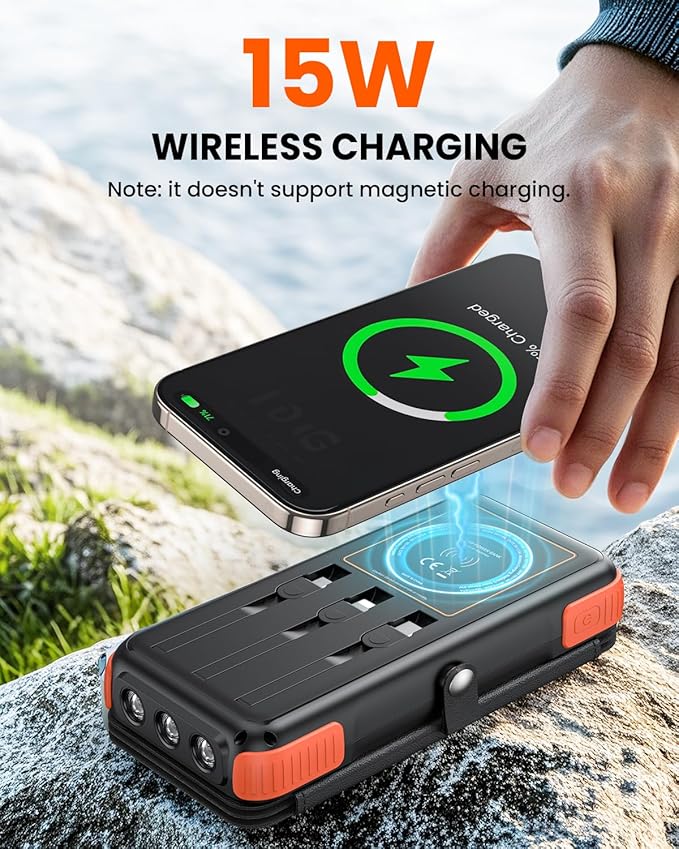 SOARAISE Wireless Solar Power Bank, 25000mAh Solar Charger with Built-in 3 Cables, Dual Outputs, 4 Solar Panels & 3 LED Flashlights, Portable Phone Charger for Outdoor Camping