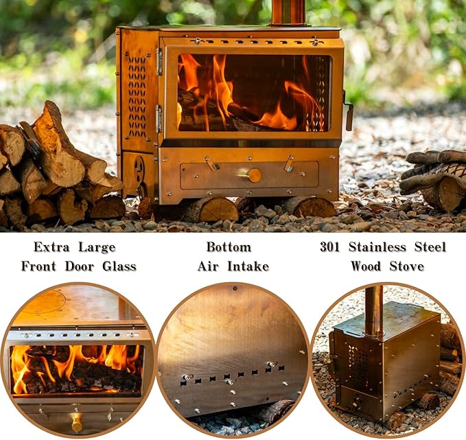 Hot Tent Stove, Heavy-Duty Stainless Steel Wood Burning Camping Stove with Chimney Pipes for Outdoor Cooking