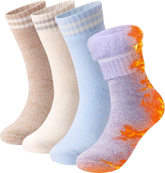 HUGSWEET Thermal Winter Socks for Women Extra Thick Insulated Heated Slipper Socks for Cold Weather 4 Pairs (Multicolor)
