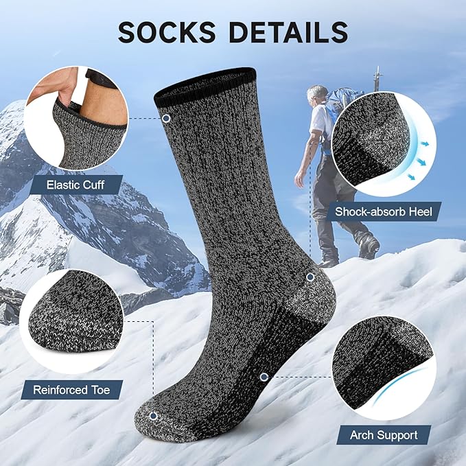 BESTENA Merino Wool Hiking Socks for Men 5 Pairs Thermal Warm Winter Thick Cushion Moisture Wicking Crew Boot Socks