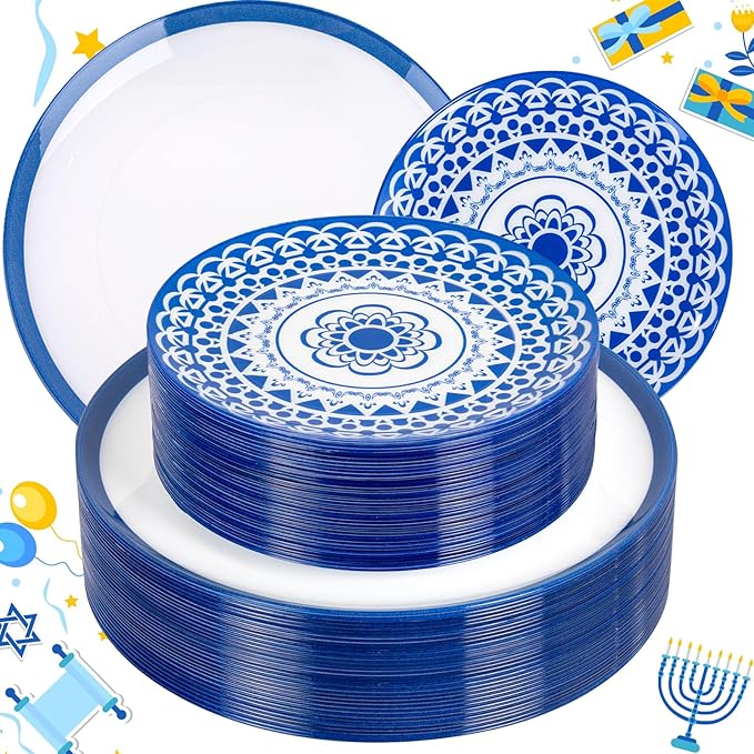 EI 60pcs Blue Plastic Plates Disposable Blue and White Floral Baroque Plastic Plates Fancy Decorative Plate Disposable Heavy Duty with Retro Classic Art Suitable for for Party,Birthday,Wedding