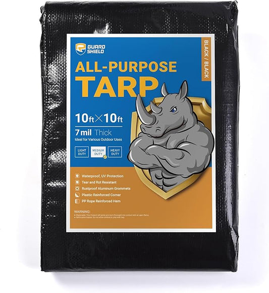 GUARD SHIELD Black Tarp Waterproof 10x10 Feet Medium Duty All Purpose Poly Tarps Cover 7mil
