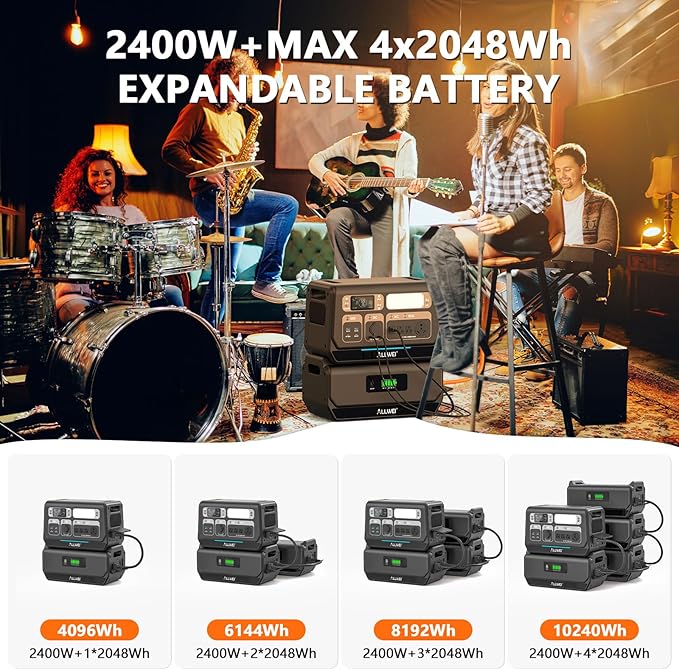 ALLWEI 2400W Portable Power Station and 2x B200 PRO Expansion Battery, 6144Wh LiFePO4 Battery 4 AC Outlets Up to 2400W for Home, Outdoor Camping, RV, With 1500W AC Charging &1200W Solar Charging