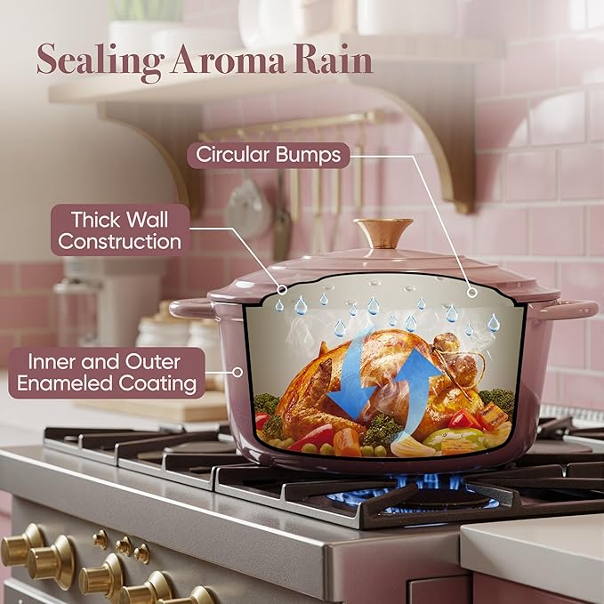 Vintage Style 4.5 Quart Dutch Oven Pot with Lid, Non Stick Enameled Cast Iron Dutch Oven for Bread Baking, Heavy-Duty, Oven Safe Ceramic Cookware Up to 500°F for Baking, Braising, Stews, Roasting, Pink