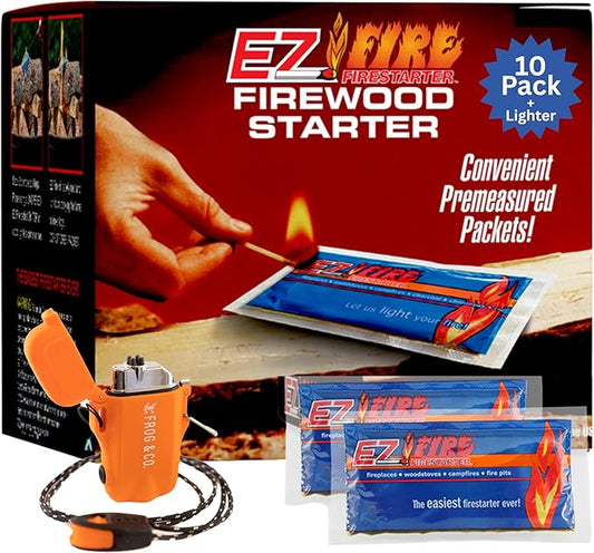 Easy-to-Use Fire Starter for Wood Stoves, Fireplaces, Campfires, and Bonfire – Waterproof, Windproof, Safe, Odorless & Survival Frog Tough Tesla Lighter. 10 Pack + Rechargeable Lighter Kit