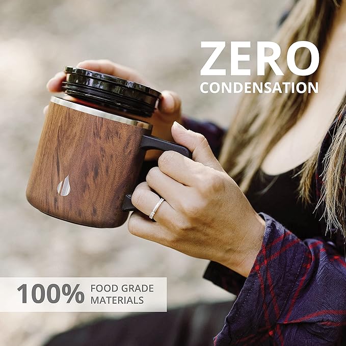 Elemental Insulated Coffee Mug - Triple-Wall Stainless Steel Summit Travel Cup for Hot and Cold Drinks - Thermal Coffee Mug with Lid and Handle for Camping, Office & Travel 12oz - Teakwood