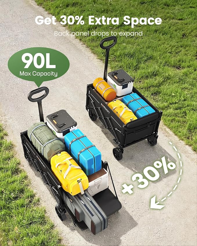 AMADA HOMEFURNISHING Wagon Cart Foldable, Collapsible Wagon Cart with 360 LBS Max Load & Expandable Storage, 90L Foldable Grocery Cart with 2 Cup Holders for Outdoor, Groceries, Garden & Camping