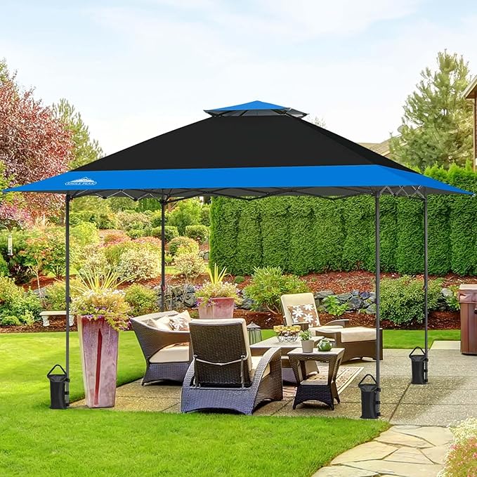 EAGLE PEAK 13x13 Straight Leg Pop Up Canopy Tent Instant Outdoor Canopy Easy Single Person Set up Folding Shelter w/Auto Extending Eaves 169 Square Feet of Shade (Black/Blue)