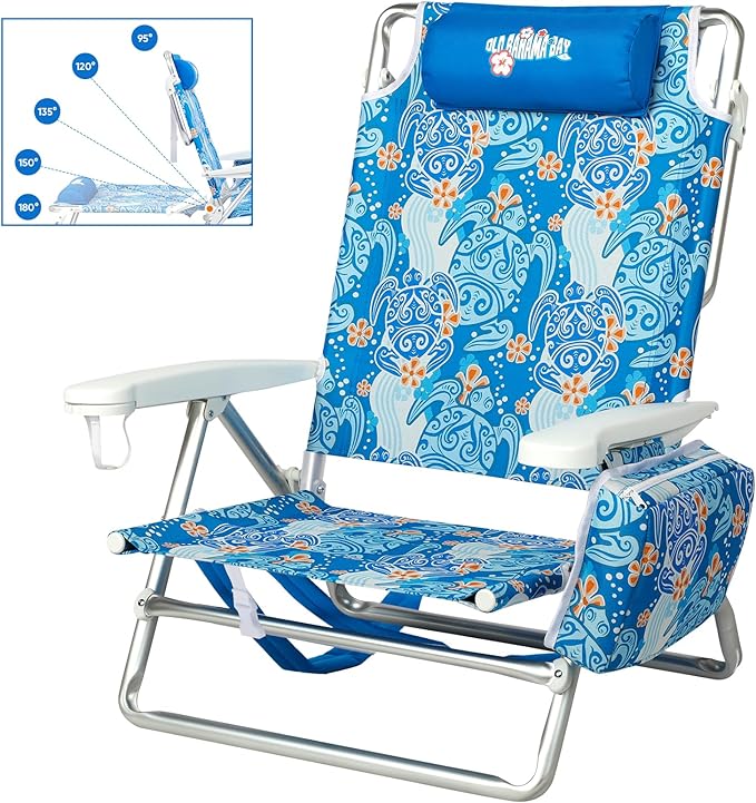 Reclining Beach Chair Backpack 5-Position Lay Flat Lounge Chair for Adults Heavy Duty Portable Folding Lightweight with Cooler Bag Camping Chair for Sand Outdoor