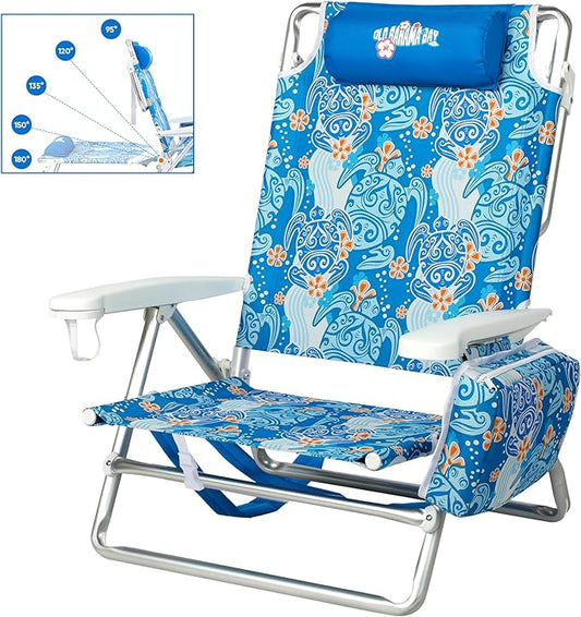 Reclining Beach Chair Backpack 5-Position Lay Flat Lounge Chair for Adults Heavy Duty Portable Folding Lightweight with Cooler Bag Camping Chair for Sand Outdoor