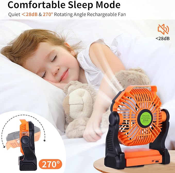 Portable Fan Battery Powered Fan Rechargeable,270°Pivot Battery Operated Camping Fans with LED Light & Hook,USB Personal Rechargeable Outdoor Camping for Tent, Travel