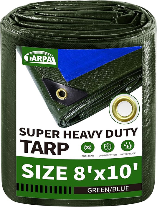 TARPAL 8x10FT Heavy Duty Waterproof Tarp 16mil Thick Tarp with Metal Grommets Every 17.7" UV&Tear Resistant All-Weather Protection Cover for Firewood, Roof, Pool & Outdoor Furniture (Green/Blue)