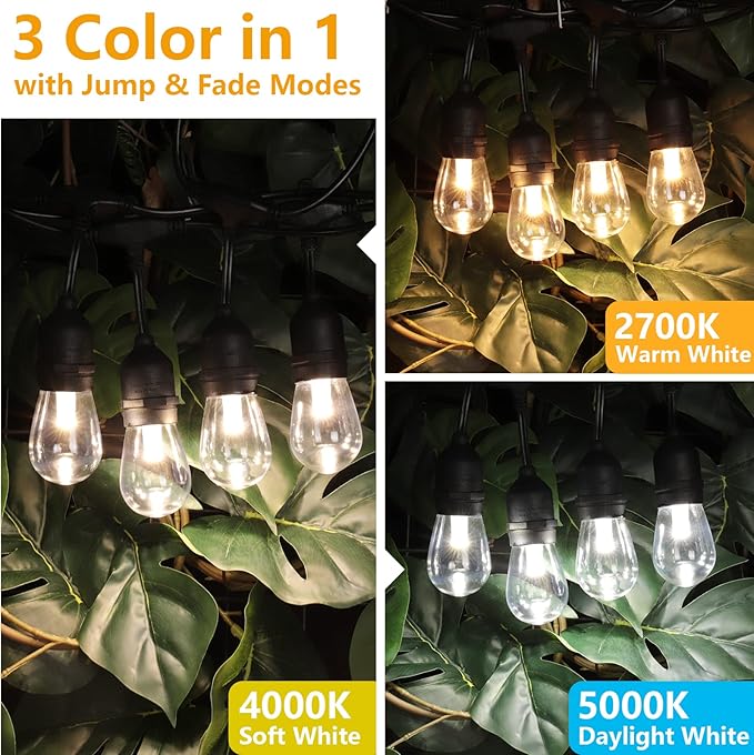 Mlambert 96Ft(2x48ft) 3-Color in 1 48Ft LED Dimmable Outdoor String Lights with Remote, Plug-in 2700K/4000K/5000K Waterproof Lights for Patio Cafe