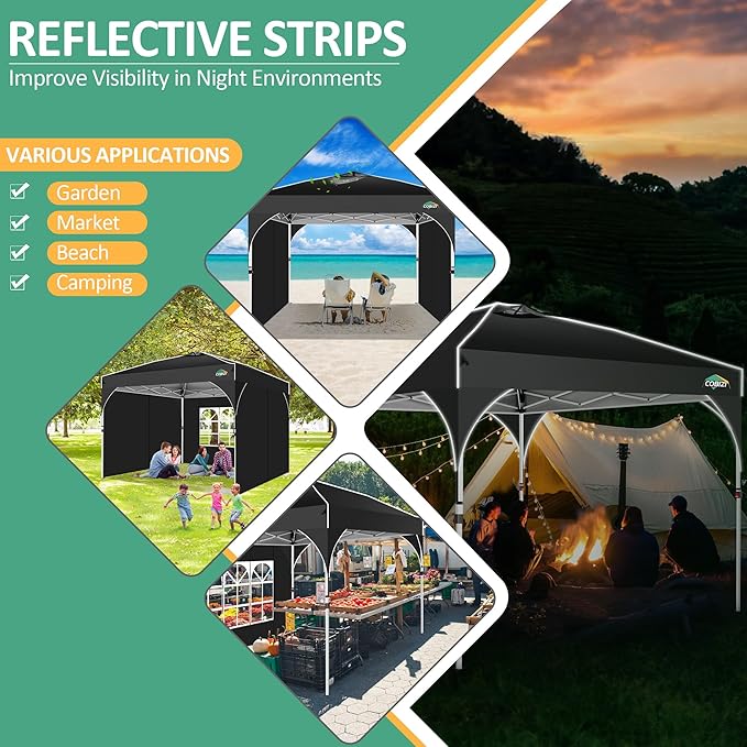 COBIZI Canopy Tent 10x10, Easy Up 10x10 Pop Up Canopy for Party Camping, Party Tents with One Push Central Button Air Vent, Outdoor Gazebo Tent with Sidewalls and Reflective Strip(Black)