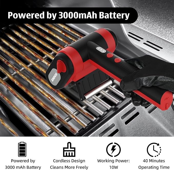 Electric Rechargeable Grill Brush,Grill Cleaner for Outdoor Grill with 800 RPM Motor - Bristle-Free Stainless Steel Grill Cleaner with LED Light for BBQ, Heavy Duty Grill Cleaning Tool (BlackRed)