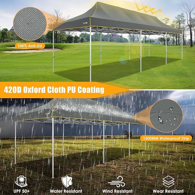 HOTEEL 10x30 Heavy Duty Pop Up Canopy Tent for Parties Event Wedding Commercial Instant Canopy with Wheeled Bag, Party Tent Waterproof UV 50+&Windproof, Upgraded Thick Hexagonal Legs, Gray