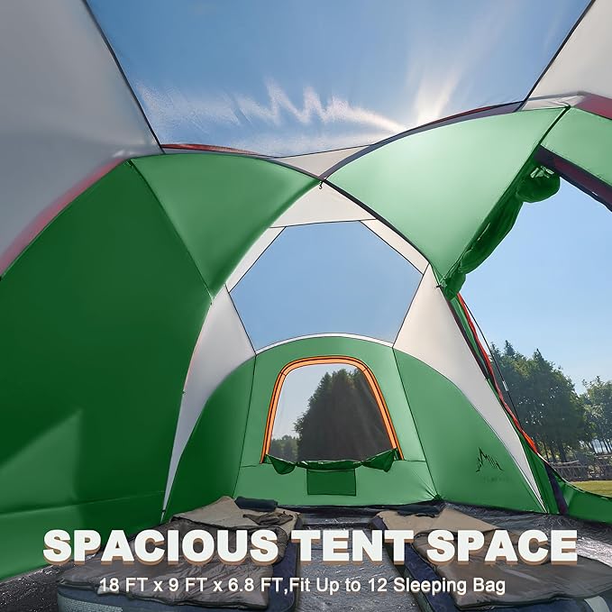 Tents for Camping, Waterproof 10 Person Family Tent with Double Layer & 4 Large Mesh Windows, Weather Resistant Easy Setup 2 Room Big Tent for Music Festival, Parties, 18 X 9 X 6.8Ft