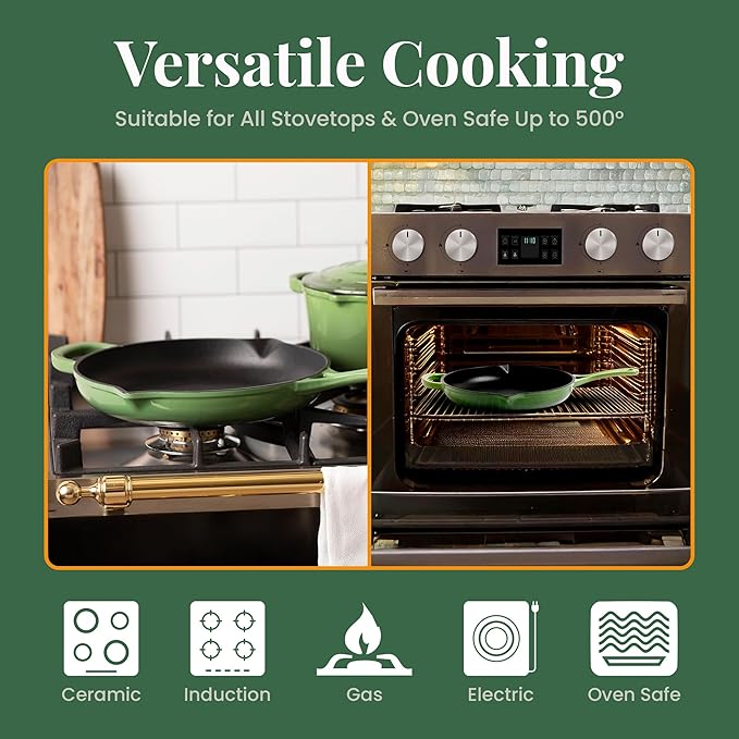 Larder & Vine Enameled Cast Iron Skillet | 10.25 inch Cast Iron Pan | Saute Pan with Pour Spouts | Enamel Coated Cast Iron Skillet | Compatible on All Cooktops & Oven Safe to 500° F | Okra