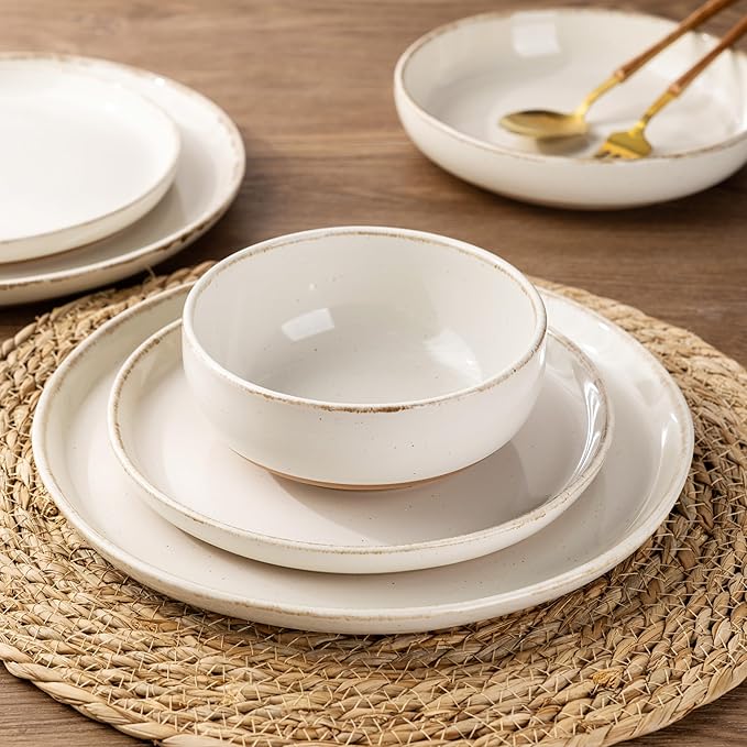 AmorArc Ceramic Dinnerware Sets with Pasta Bowls for 8, Handpainted Plates and Bowls Set with Rustic Terracotta Underside, Scratch Resistant Dishes Set, Dishwasher & Microwave Safe, 32 Pcs