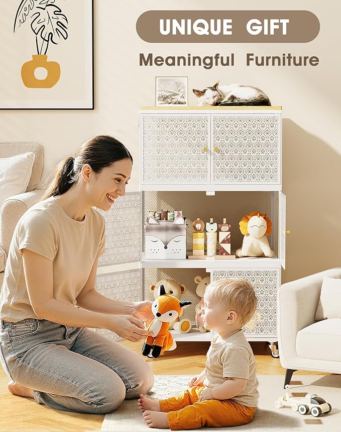 3 Tier Metal Storage Bins and Boxes Organizer, Magnetic Doors & 360°Swivel Lockable Wheels, Easy,labor-Saving, Ocean Life Cutout Pattern, Eco-Aesthetic for Living Room,Bedroom,bathroom,kitchen