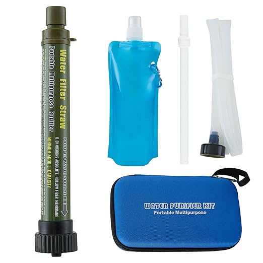 Water Filter Straw Kit Outdoor Portable Personal Water Filter Straw Water Purifier Survival Gear and Equipment for Hiking Camping Travel Army Green