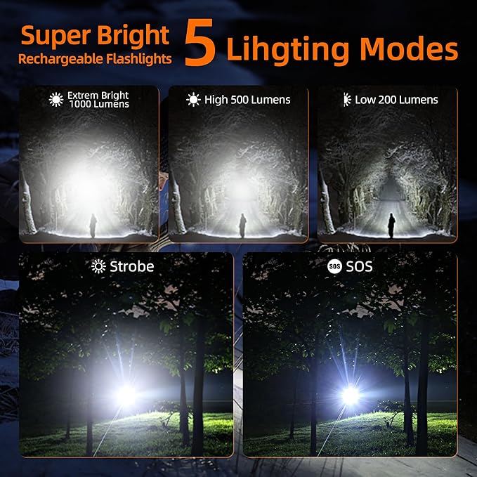 SuperFire 1000-Lumen Tactical Flashlight - Rechargeable, Zoomable LED Flashlight with 5 Modes, Pocket-Sized (2-Pack) for Camping & Emergency
