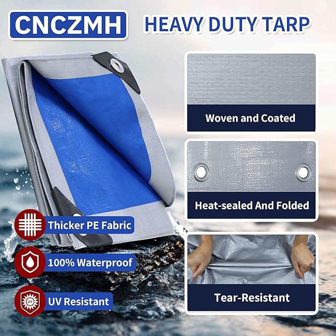 Heavy Duty Tarp Waterproof, 8 Mil Thick Finished Size Tarps Outdoor, Multipurpose Tarpaulin Cover, Small Tarp for Emergency Rain Shelter Camping (Silver/Blue, 6x10ft)
