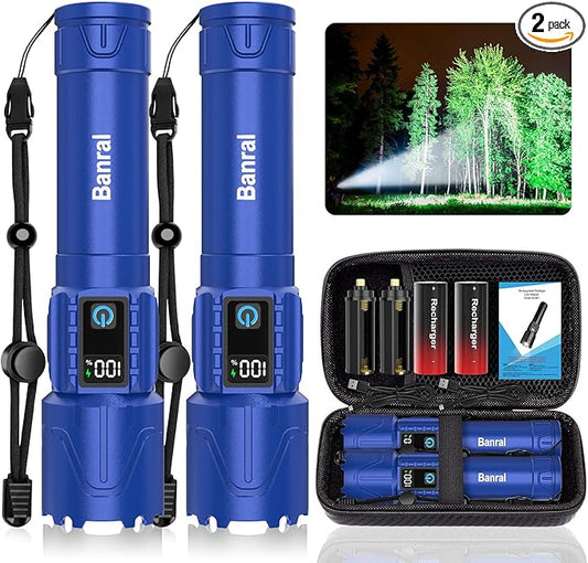 Rechargeable Flashlights High Lumens - Super Bright LED Tactical Flash Light, Powerful Waterproof Handheld USB C Flashlight for Camping,Emergencies,Home,5 Modes,Zoomable (2, Blue)