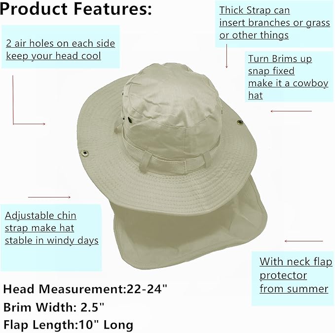 Glory Max Bucket Boonie Hat with Neck Flap Cover Sun Safari Wide Brim Fishing Garden Hiking Cap