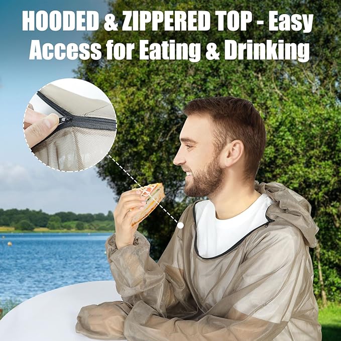 2-Piece Net Suit L/XL, Zippered Hood Jacket & Gloves Set, Thickened Breathable Mesh, Adjustable Fit for Upper Body Protection, Unisex Lightweight Outdoor Gear for Camping, Fishing, Hiking, Gardening