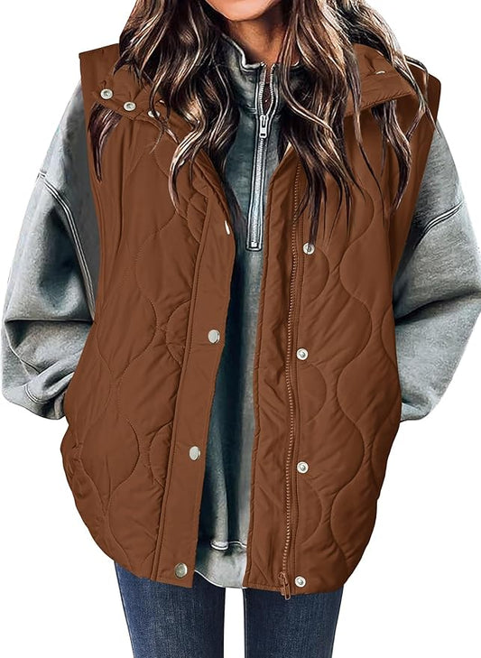 Zeagoo Puffer Vest Women Sleeveless Quilted Jacket Lightweight Snap Zip Up Stand-up Collar Down with Pockets Outerwear
